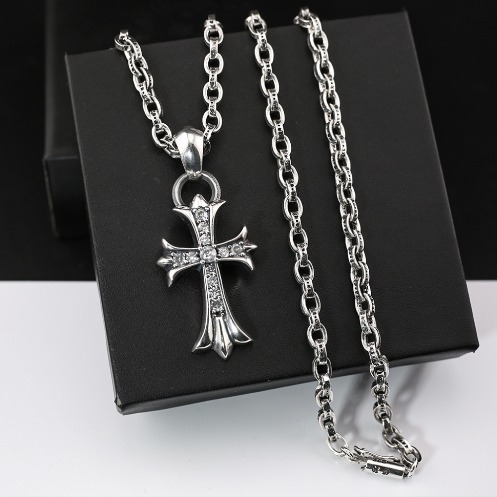 Chrome Hearts stick diamond cross sterling silver necklace